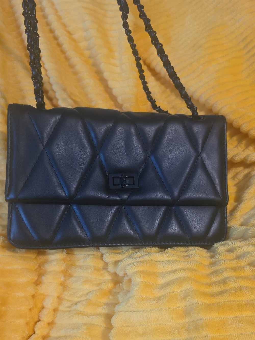 Quilted Black Shoulder Bag with Chain Strap and Turn-Lock